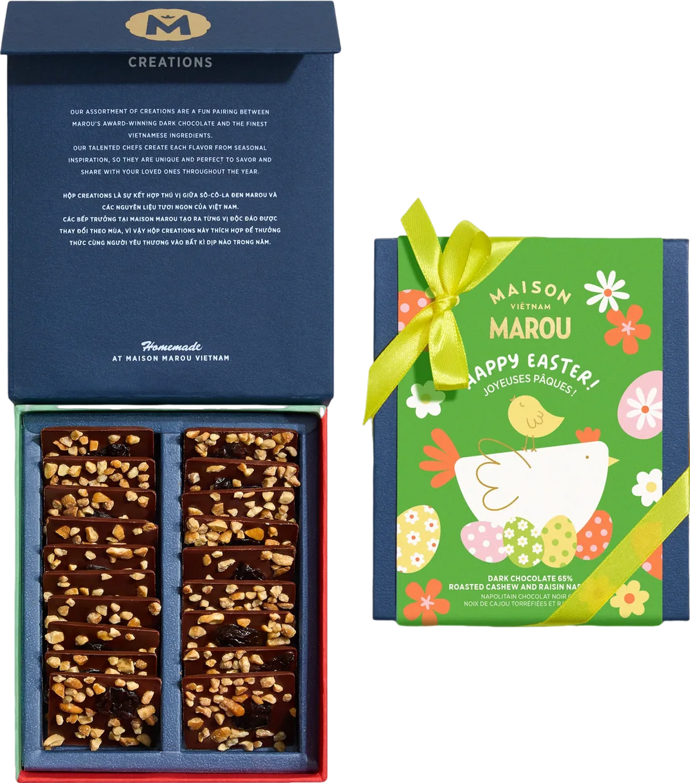 Chocolat noir 65% aux noix de cajou torréfiées et raisins secs – édition pâques - 100g