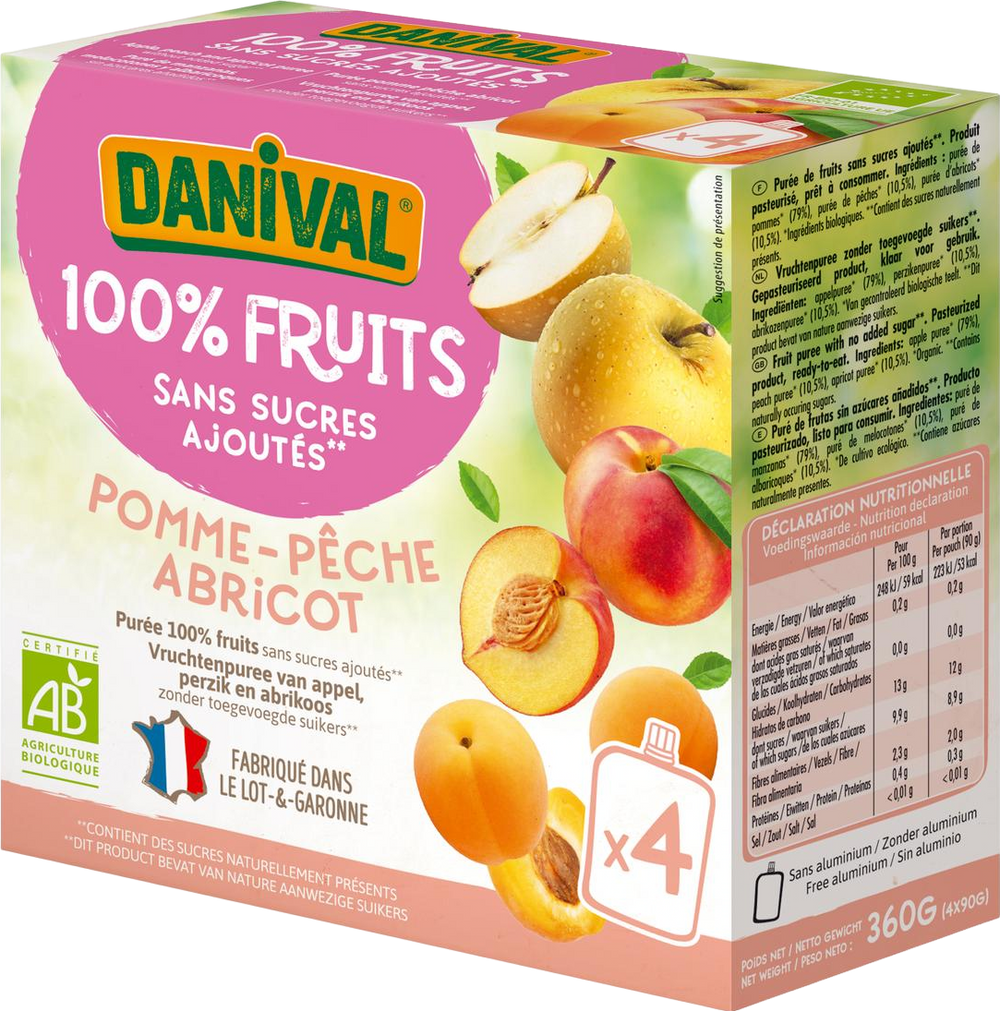 Purée pomme pêche abricot en gourde - 4x90g