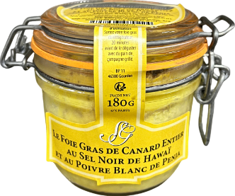 Foie gras de canard entier au sel noir de Hawaï et au poivre blanc de Penja - 180g