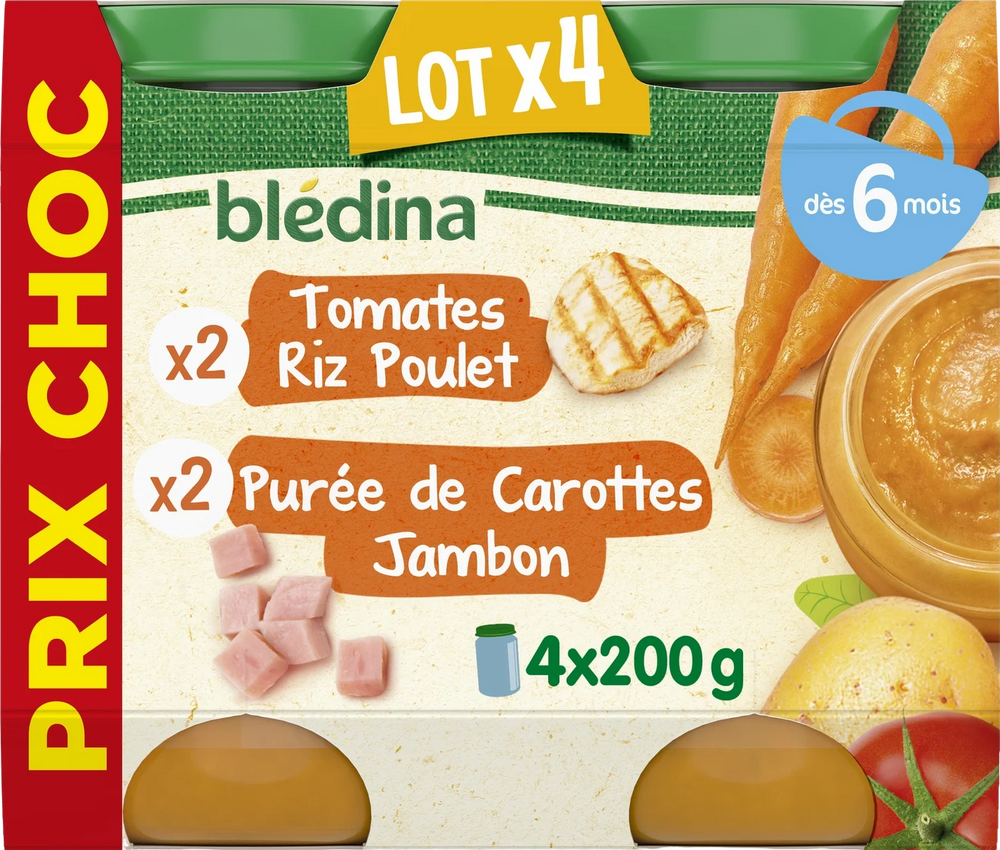 Plat bébé tomates riz poulet et purée de carottes jambon - 4x200g