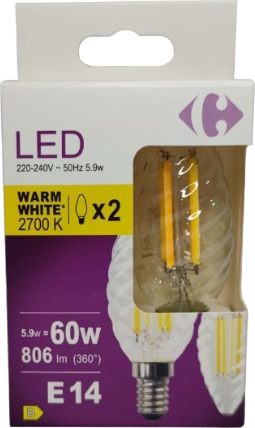 Ampoule LED E14 60W flamme blanc chaud - lot de 2