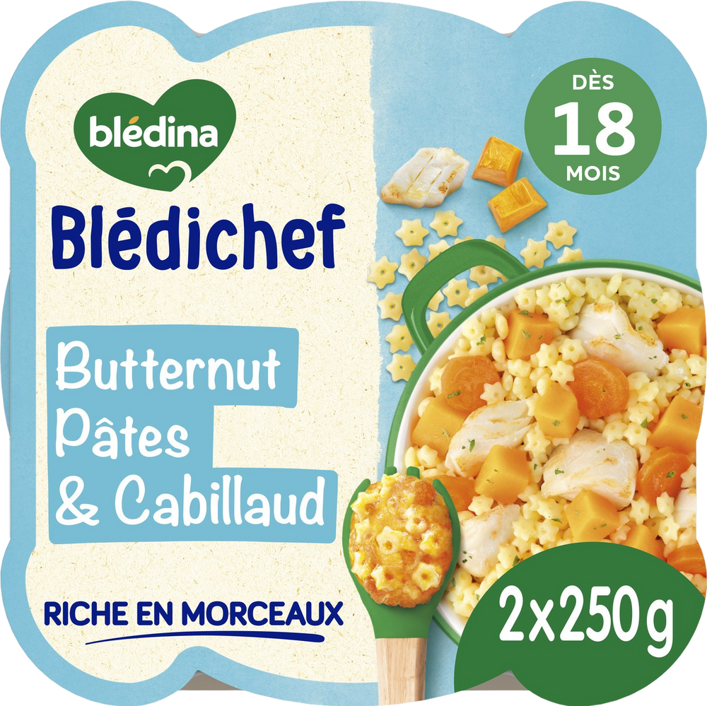 Plat bébé butternut, pâtes et cabillaud - 2x250g