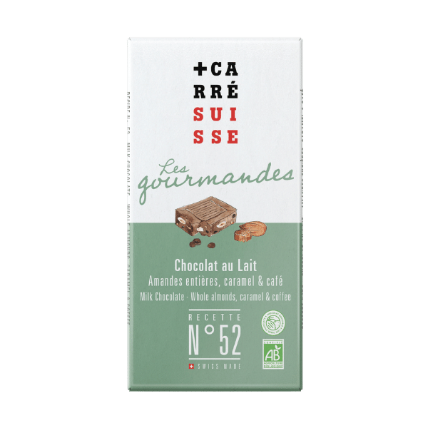 Chocolat au lait, amandes entières éclats de caramel & café bio Les gourmandes - 100g - Carré Suisse