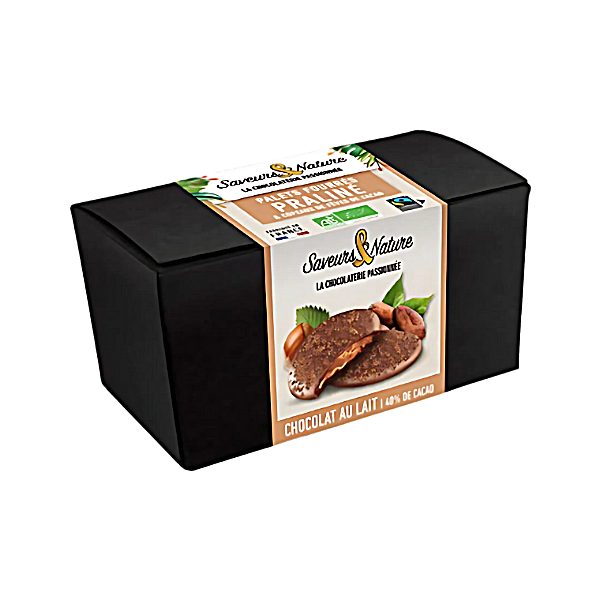 Palets de chocolat au lait coeur praliné et copeaux de fèves de cacao - 125g