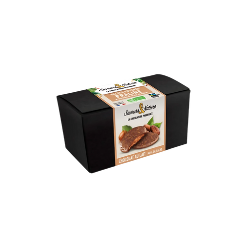 Palets de chocolat au lait coeur praliné et copeaux de fèves de cacao - 125g