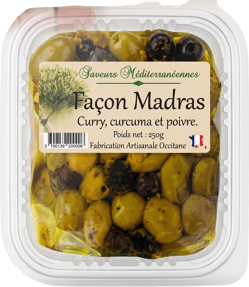 Olives au curry, curcuma et poivre - 250g