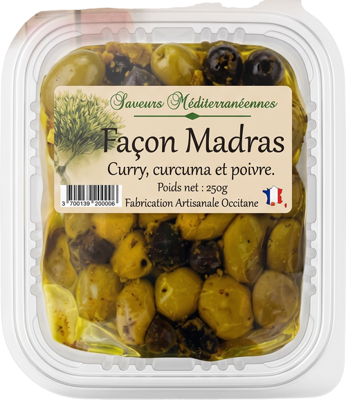 Olives au curry, curcuma et poivre - 250g
