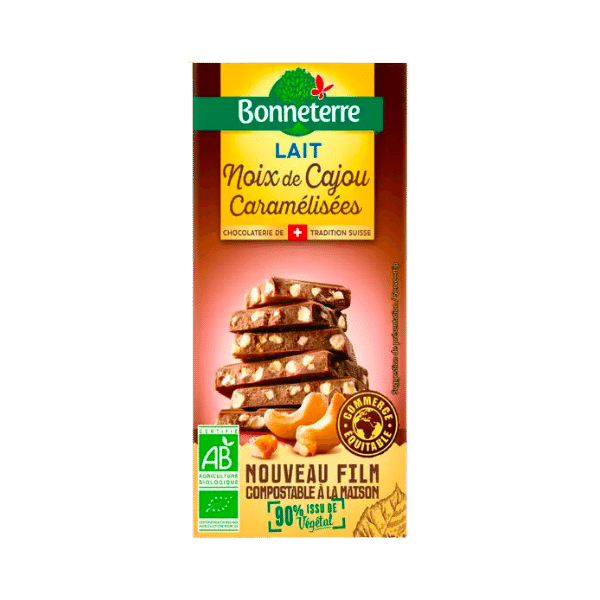 Tablette de chocolat au lait et noix de cajou caramélisées bio - 85g
