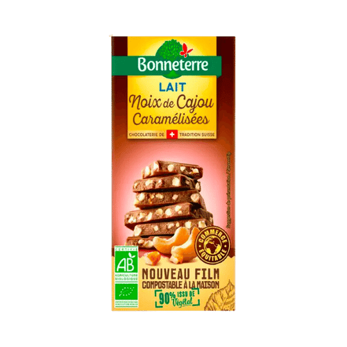 Tablette de chocolat au lait et noix de cajou caramélisées bio - 85g