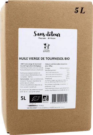 Huile vierge tournesol bio - 5L