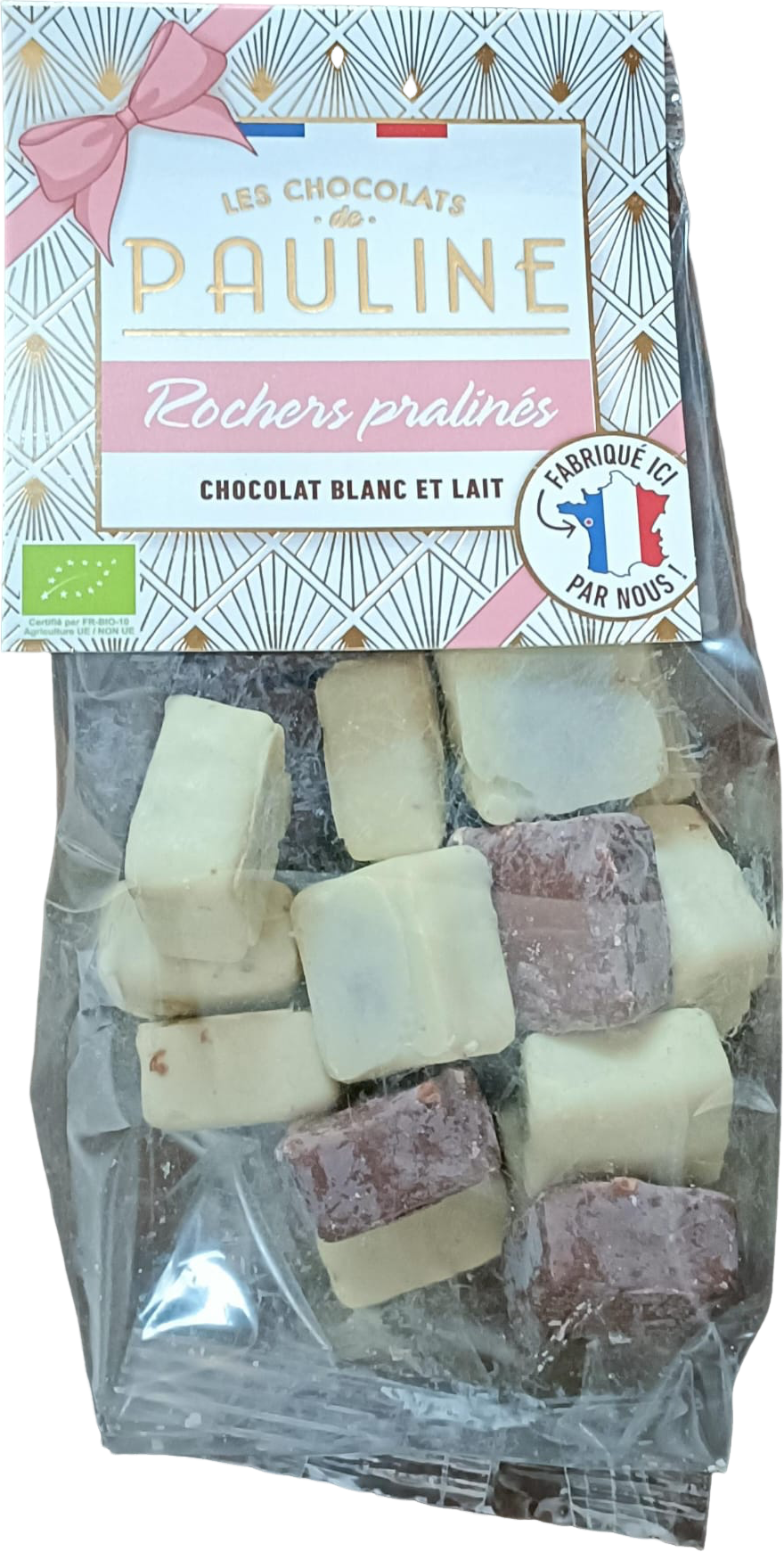 Rochers praliné noisettes enrobés de chocolat blanc et lait bio - 150g