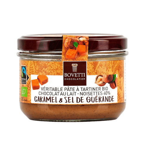Bovetti Chocolats - Pâte à tartiner noisettes, chocolat au lait et caramel beurre salé bio - 200g