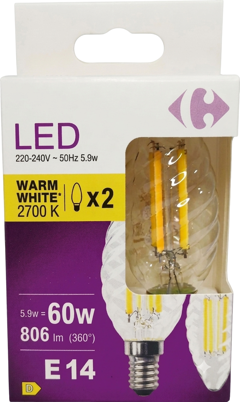 Carrefour - Ampoule LED E14 60W flamme blanc chaud - lot de 2  - 3616475617994