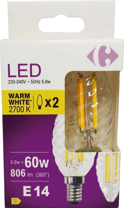 Carrefour - Ampoule LED E14 60W flamme blanc chaud - lot de 2  - 3616475617994