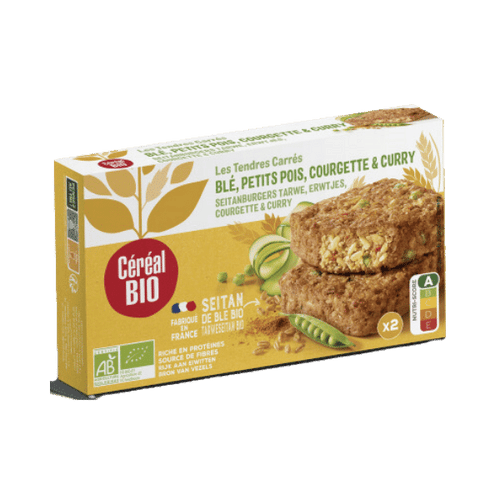 Céréal Bio - Carrés tendres au blé, petits pois, courgette et curry bio - 200g