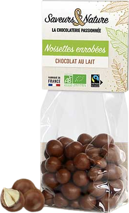 Sachet de noisettes entières enrobées de chocolat au lait bio - 150g