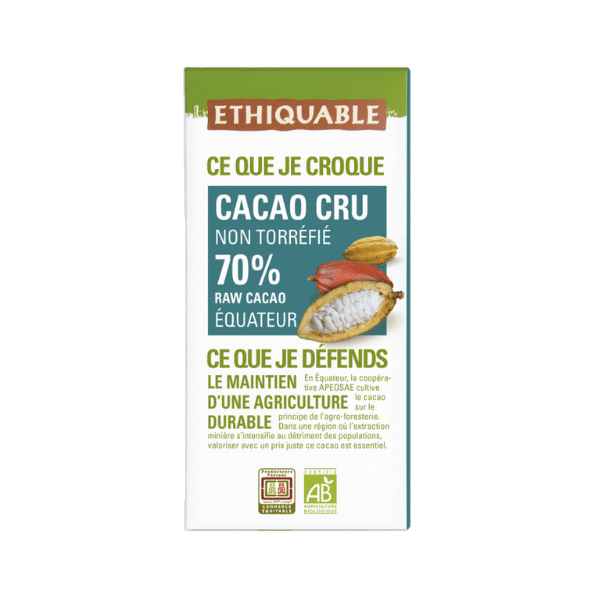 Ethiquable - Chocolat au cacao cru 70% bio - 80g