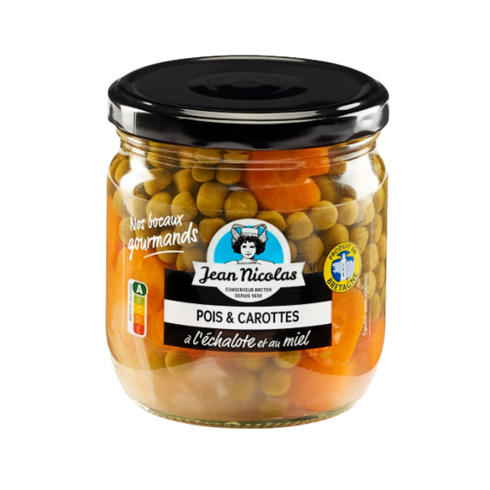 Petits pois doux et carottes en rondelles avec des échalotes et du miel - 250g