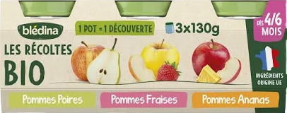 Compote bébé dès 4 à 6 mois pomme poire fraise ananas bio - 3x130g