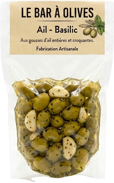 Olives aux gousses d'ail entières et au basilic - 175g