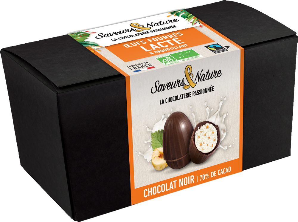 Petits œufs au chocolat noir fourrés au lait croustillant bio – 160 g
