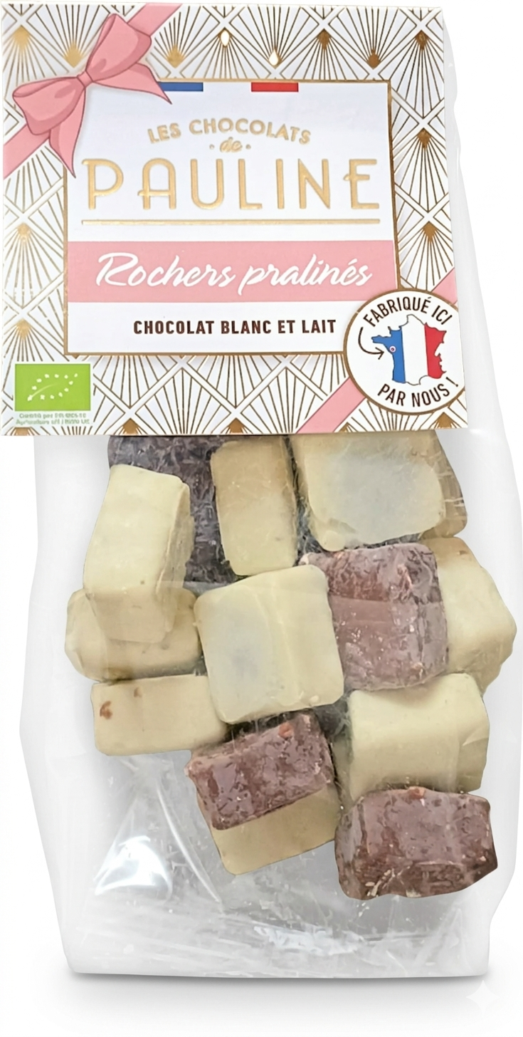 Les chocolats de Pauline - Rochers praliné noisettes enrobés de chocolat blanc et lait bio - 150g - 3760077187284