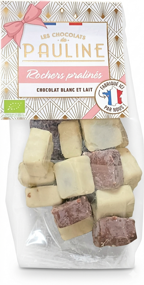 Les chocolats de Pauline - Rochers praliné noisettes enrobés de chocolat blanc et lait bio - 150g - 3760077187284