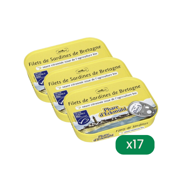 Phare D'Eckmühl - Lot de 17 filets de sardines à la sauce citronnée bio - 17x90g