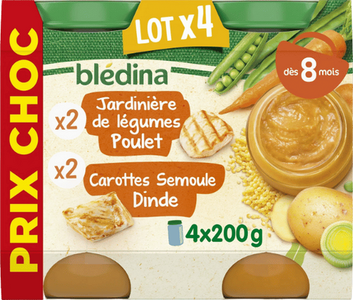 Pots bébé légumes-poulet et carottes-semoule-dinde - 4x200g