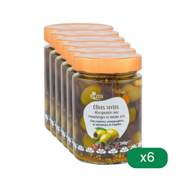 Rizes Greece - Lot de 6 Olives vertes dénoyautées aux canneberges et raisins secs - 340g - 6x340g