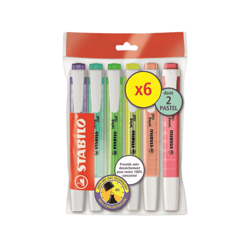 Stabilo - Ecopack 6 surligneurs swing cool - 4 fluo et 2 pastel (orange et rose)