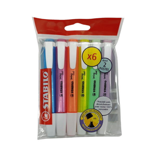 Stabilo - Ecopack 6 surligneurs swing cool - 4 fluo et 2 pastel (vert et violet)