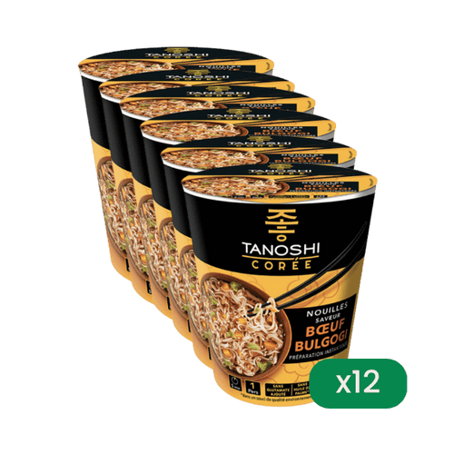 Tanoshi - Lot de 12 Cup nouilles japonaises instantanées au boeuf Bulgogi - 65g - 12x65g