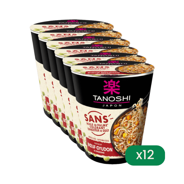 Tanoshi - Lot de 12 Cup Nouilles Saveur Bœuf Gyudon - 64g - 12x64g