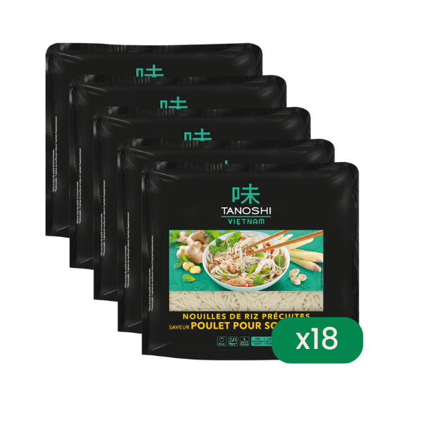 Tanoshi - Lot de 18 nouilles de riz précuites pour soupe Pho saveur poulet - 18 x 380g