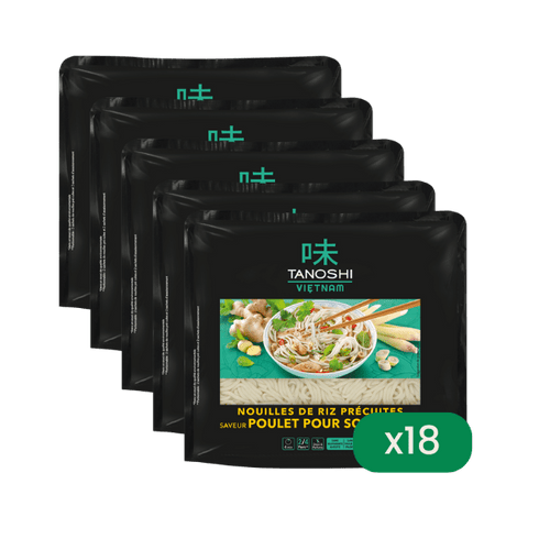 Tanoshi - Lot de 18 nouilles de riz précuites pour soupe Pho saveur poulet - 18 x 380g