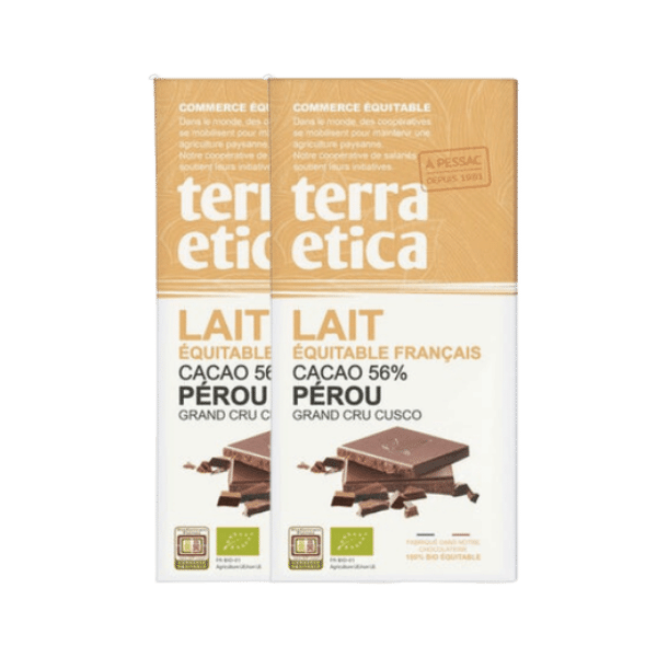 Terra Etica - Lot de 20 tablettes de chocolat au lait du Pérou 56% bio - 20x100g