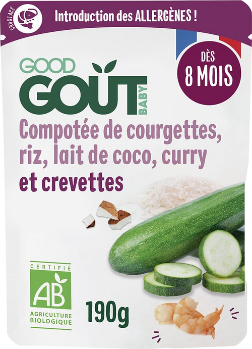 Compotée courgettes, riz, curry et crevettes bio dès 8mois - 190g