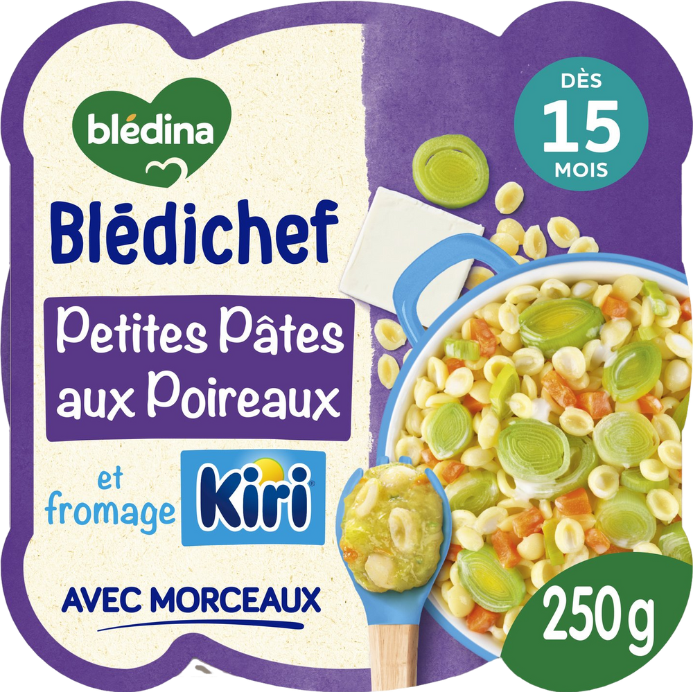 Plat bébé du soir dès 15 mois, pâtes poireaux et fromage kiri - 250g