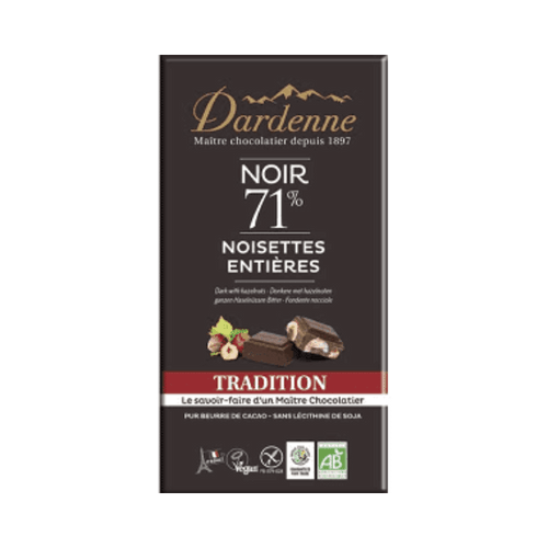 Chocolat noir 71% aux noisettes entières bio - 180g - Dardenne - Anti gaspi