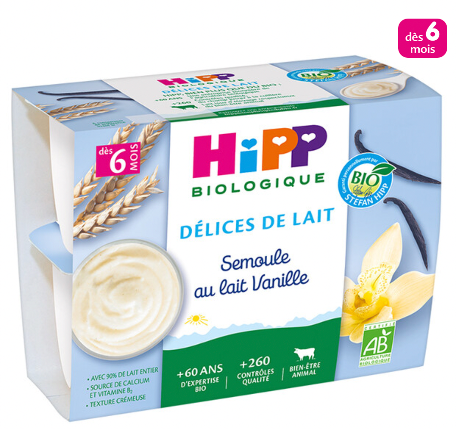 Coupelles de semoule au lait vanille bio dès 6 mois - 4x100g